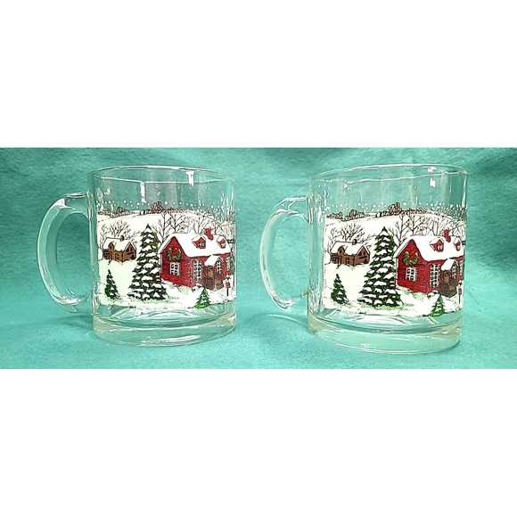 Vintage Libbey Currier and Ives Glass Coffee Hot Cocoa Mugs Winter Scene - Picture 1 of 9